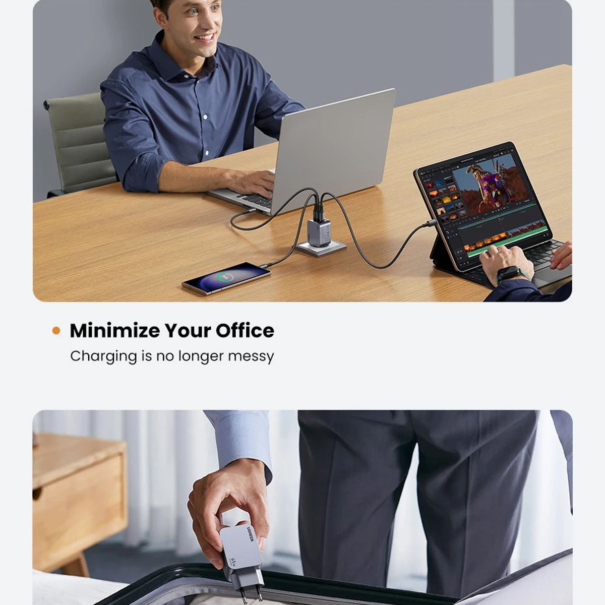 UGREEN - Cargador + Cable Nexode Pro 65w 2-usb C + 1 Usb A Gan Ugreen