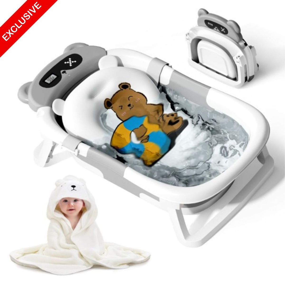 GENERICO - BAÑERA PORTATIL PARA BEBE CON TERMOMETRO Y COJIN EN GRIS