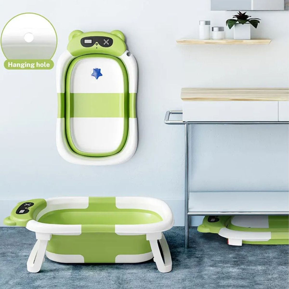 GENERICO - BAÑERA PORTATIL PARA BEBE CON TERMOMETRO Y COJIN - VERDE