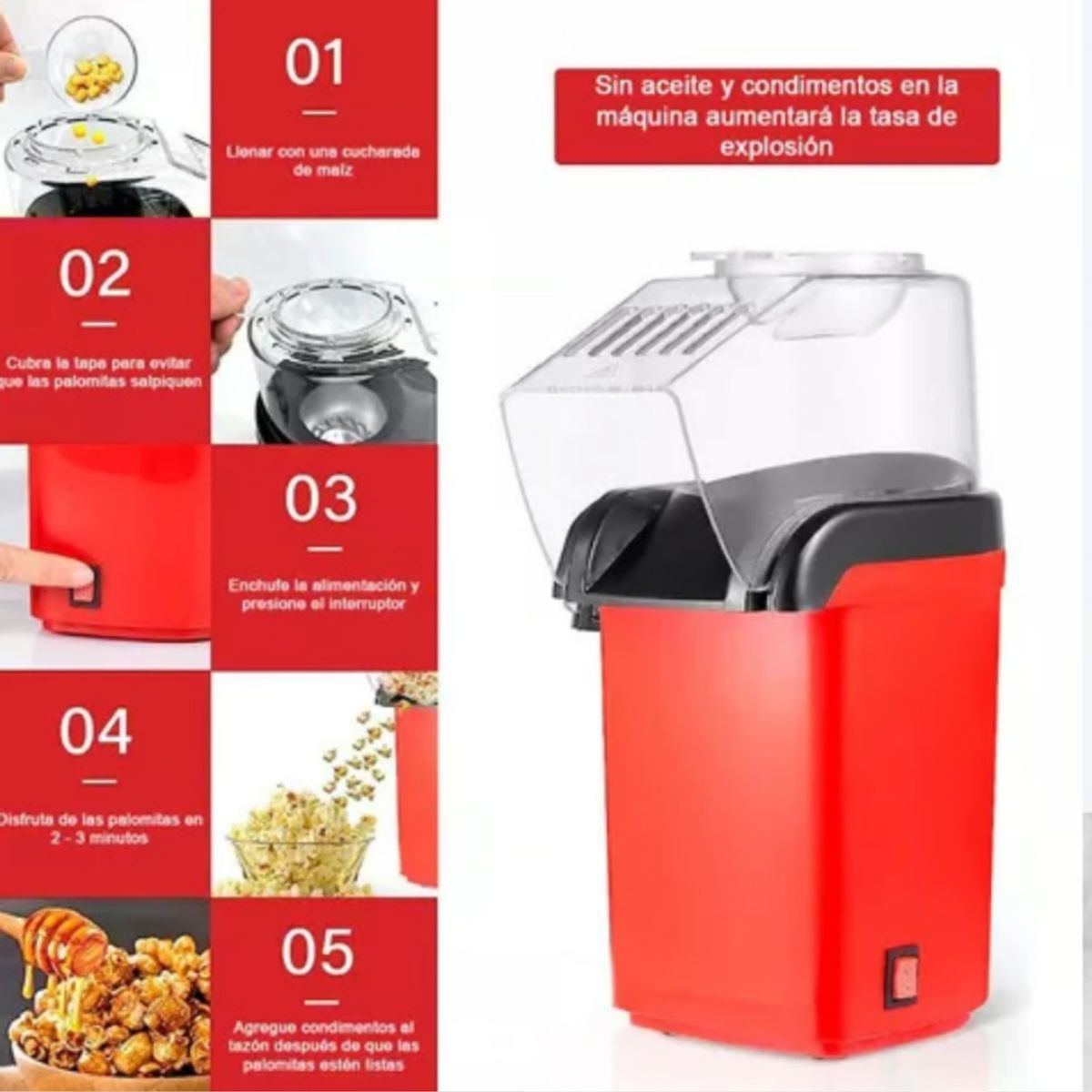 GENERICO - Maquina Pop Corn Canchita Palomitas de Maíz Sin Aceite Rojo