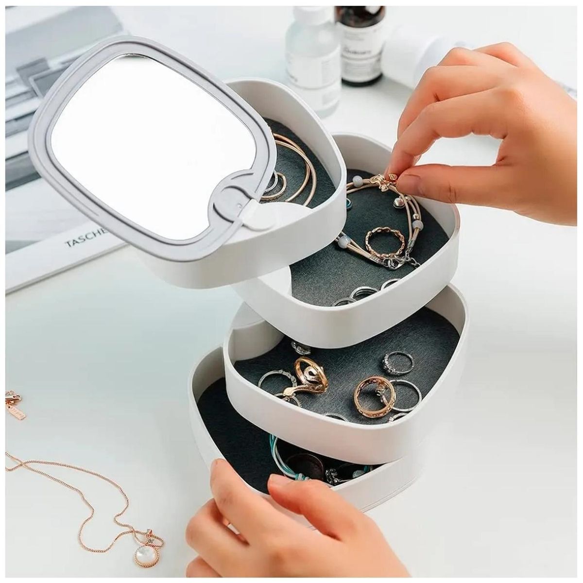 MINARI - Joyero Organizador de Joyas Anillos 360° con Espejo BL 56J