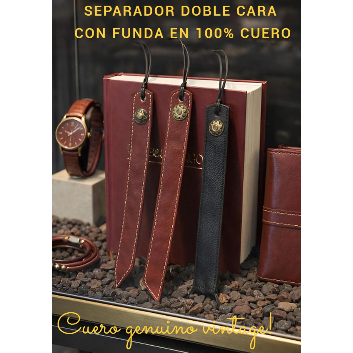 GENERICO - 3 SEPARADORES DE LIBROS EN CUERO Y FUNDA BOLSO DE CUERO 29CM