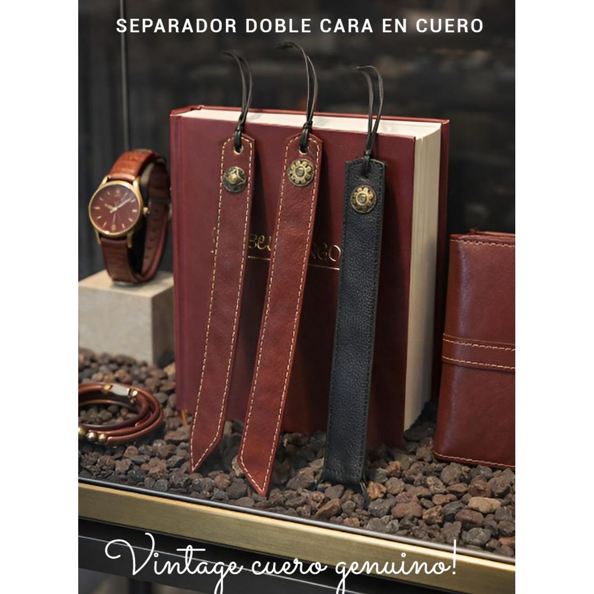 GENERICO - 3 SEPARADORES DOBLE CARA DE LIBROS EN CUERO CON FUNDA BOLSO DE CUERO VINTAGE