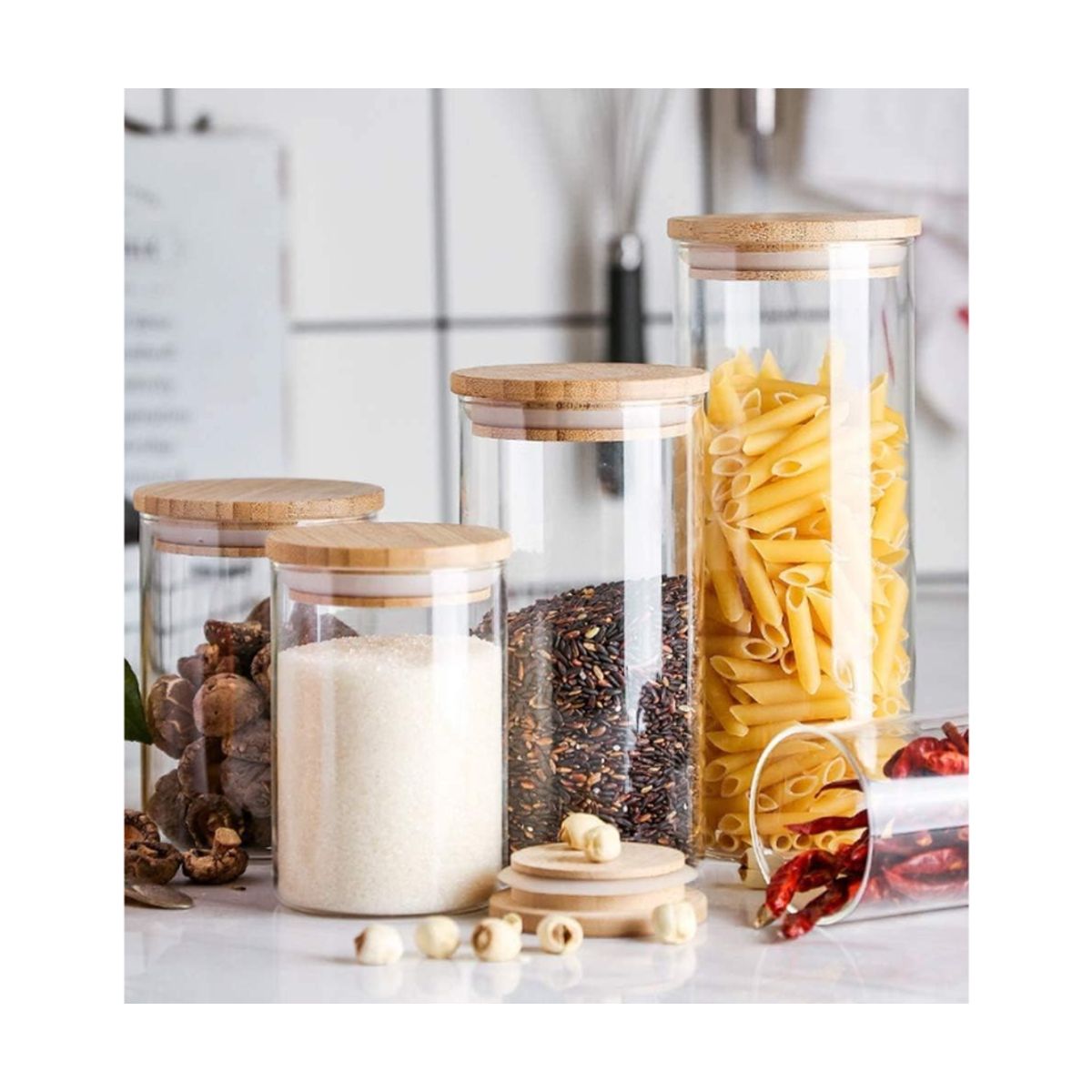 GENERICO - Frasco de  almacenamiento en vidrio de borosilicato con tapa de madera