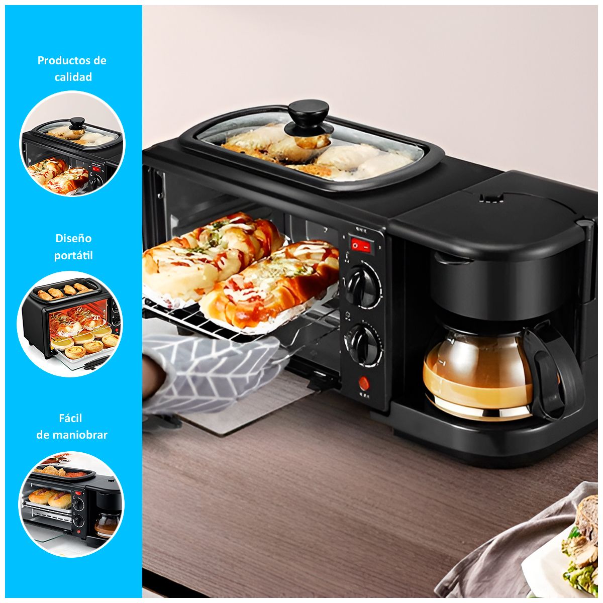 GENERICO - Maquina de Desayuno 3 en 1 Horno Cafetera y Freidora