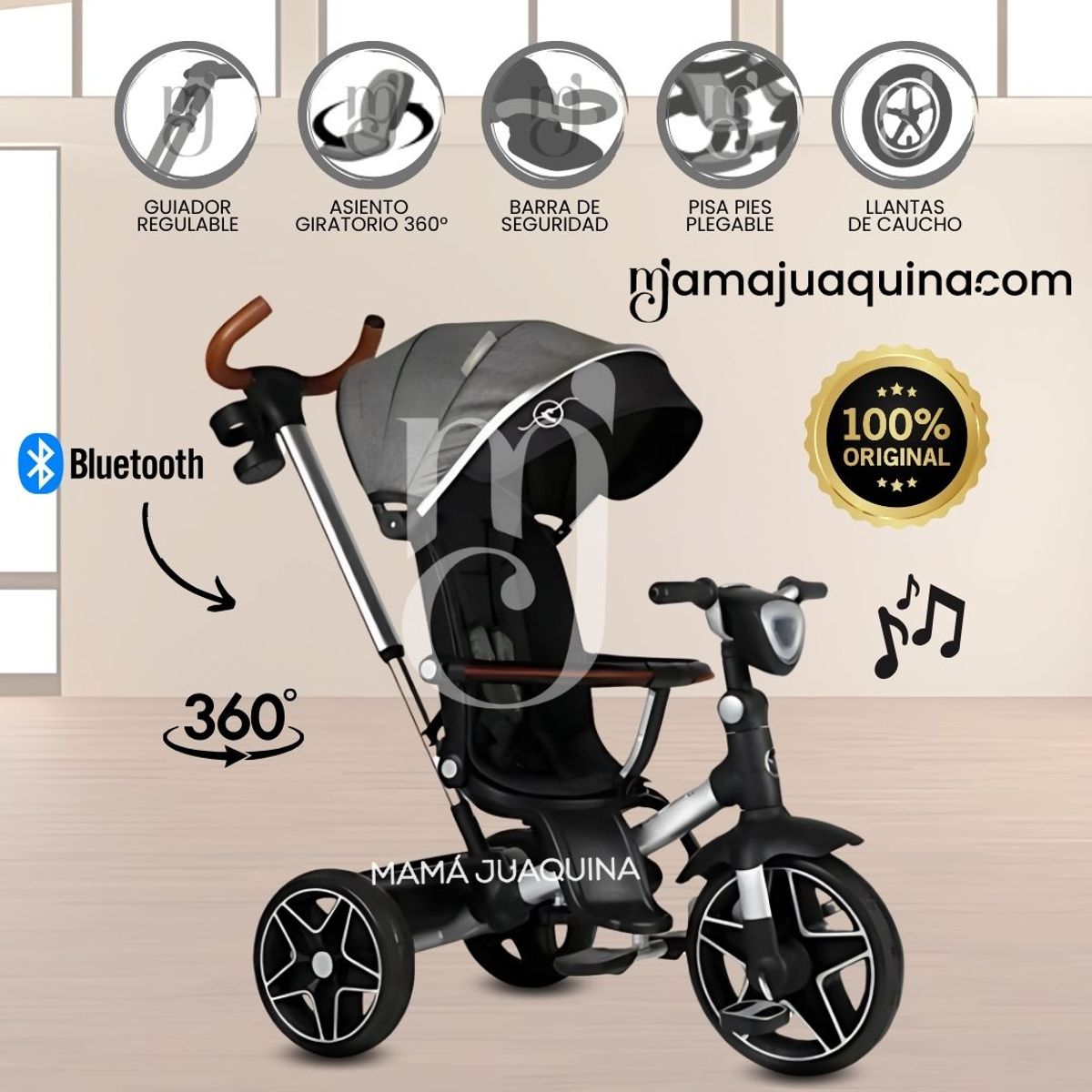 BABY - Triciclo Guiador Giratorio «HARDIN» con Bluetooth Gray