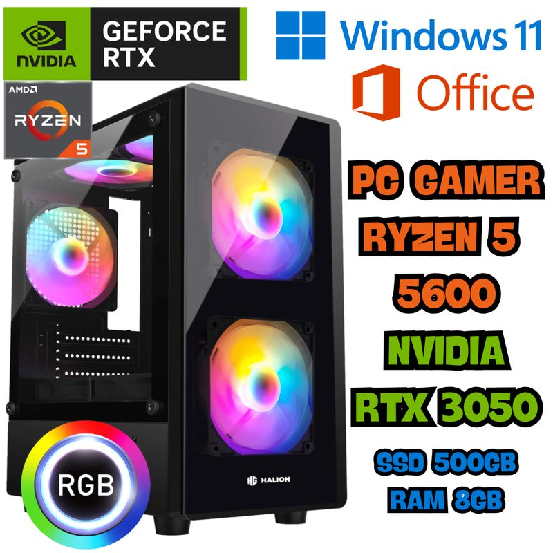 AMD - PC COMPUTADORA GAMER RYZEN 5 5600 32MB CACHE NVIDIA RTX 3050 SSD 500GB RAM 8GB