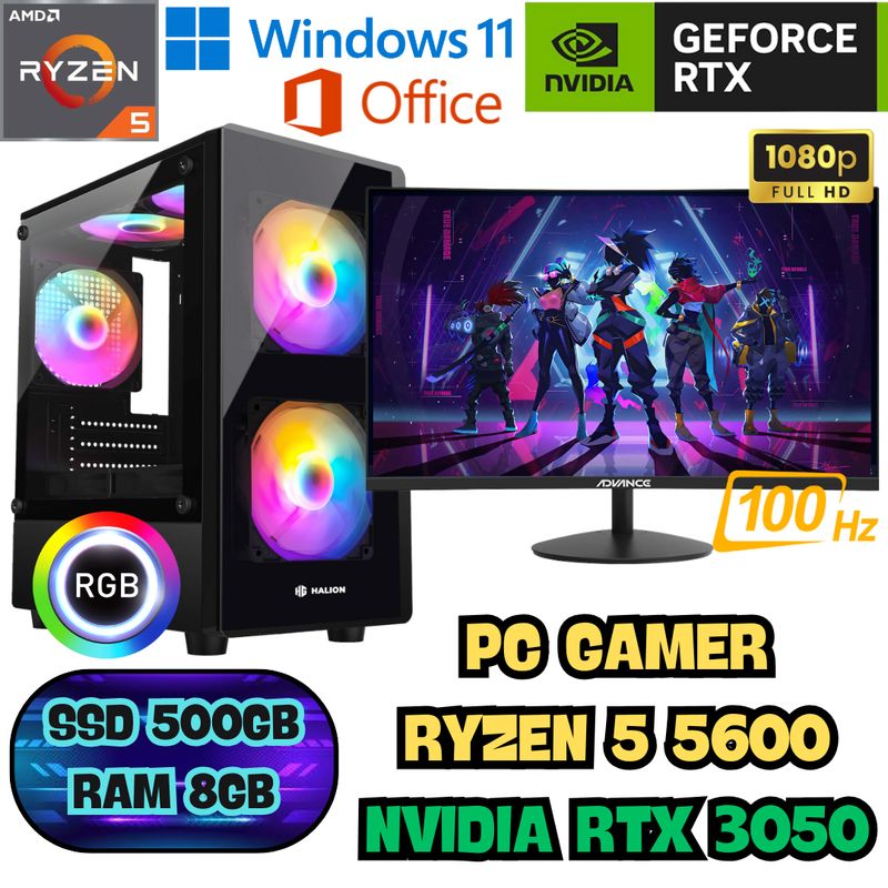 AMD - PC COMPUTADORA GAMER RYZEN 5 5600 RTX 3050 SSD 500GB RAM 8GB + MONITOR 27" CURVO