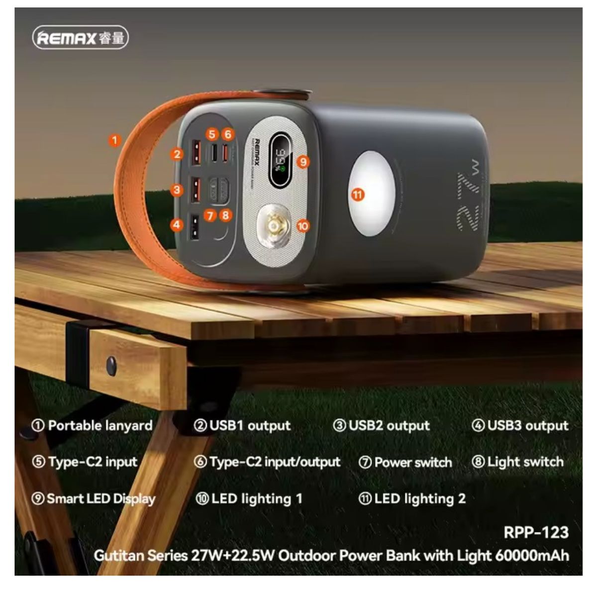 REMAX - CARGADOR PORTÁTIL    with Light 60000 mAh 27W+22.5W CARGA RAPIDA