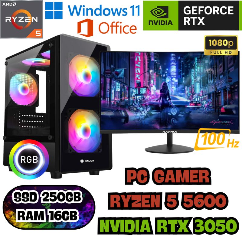 AMD - PC COMPUTADORA GAMER RYZEN 5 5600 RTX 3050 SSD250GB RAM16GB + MONITOR 27" CURVO