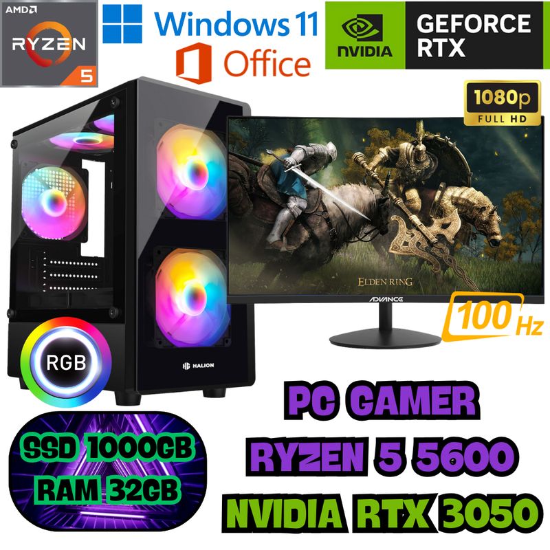 AMD - PC COMPUTADORA GAMER RYZEN 5 5600 RTX 3050 SSD1000GB RAM32GB + MONITOR 27" CURVO