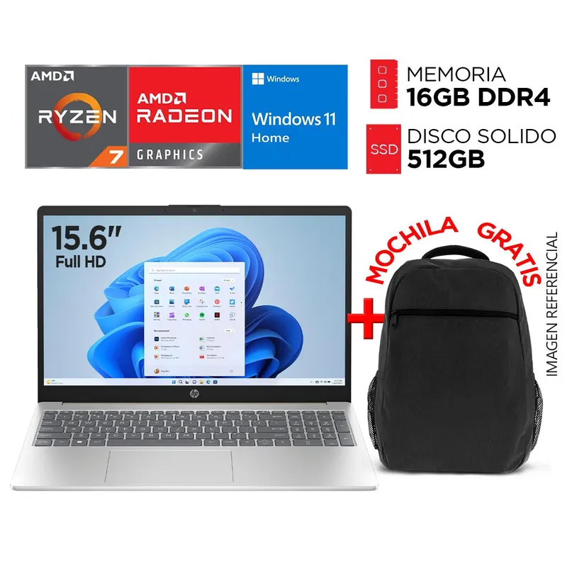 HP - Laptop HP Amd Ryzen 7 7730U RAM 16GB SSD 512GB WINDOWS 11 Pantalla 15.6” FULL HD + MOCHILA
