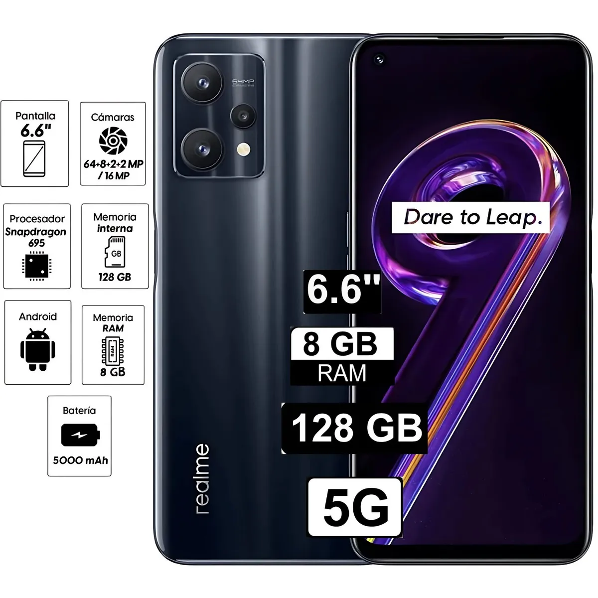 REALME - Celular Realme 9 Pro 5G 8GB RAM 128GB 6.6" Cámara frontal 64 Color negro medianoche