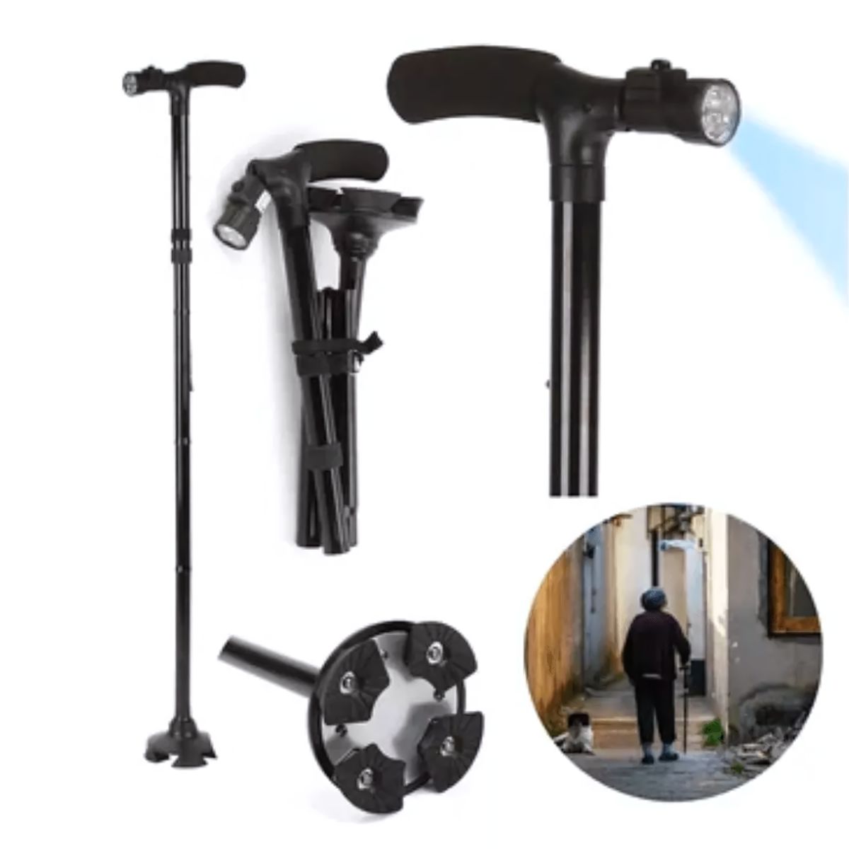 GENERICO - Bastón Apoyo Plegable Con Luz Led Antideslizante