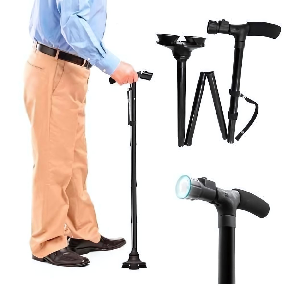 GENERICO - Bastón Apoyo Plegable Con Luz Led Antideslizante