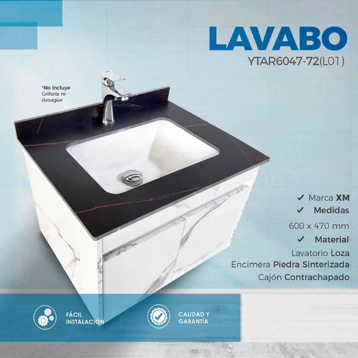 XM - LAVATORIO DE LOZA CON CAJÓN MARMOL NEGRO CON BLANCO YTAR6047-72 L01
