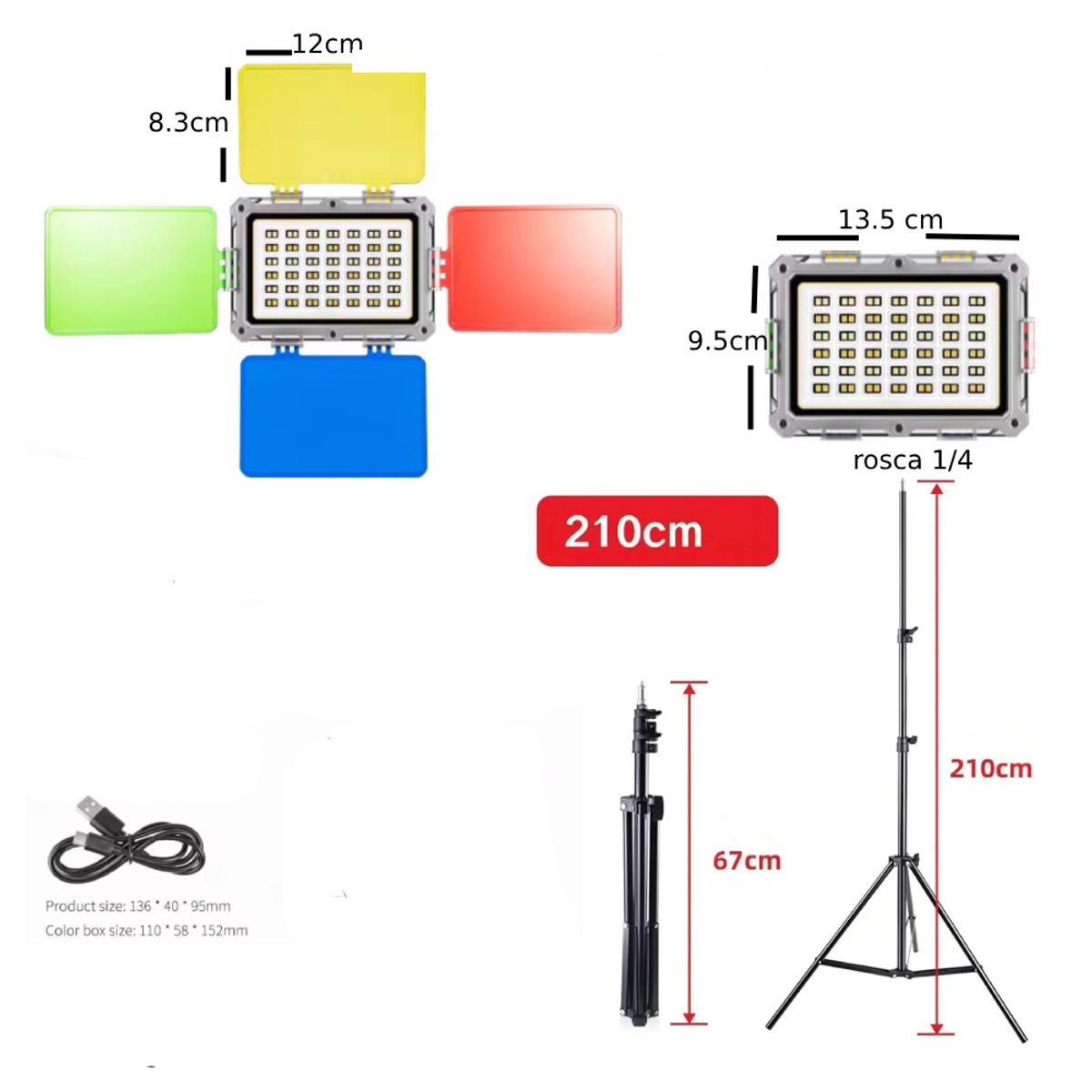 GENERICO - Luz Led Relleno Panel Recargable 4 Flitros RGB Tripode 210 cm