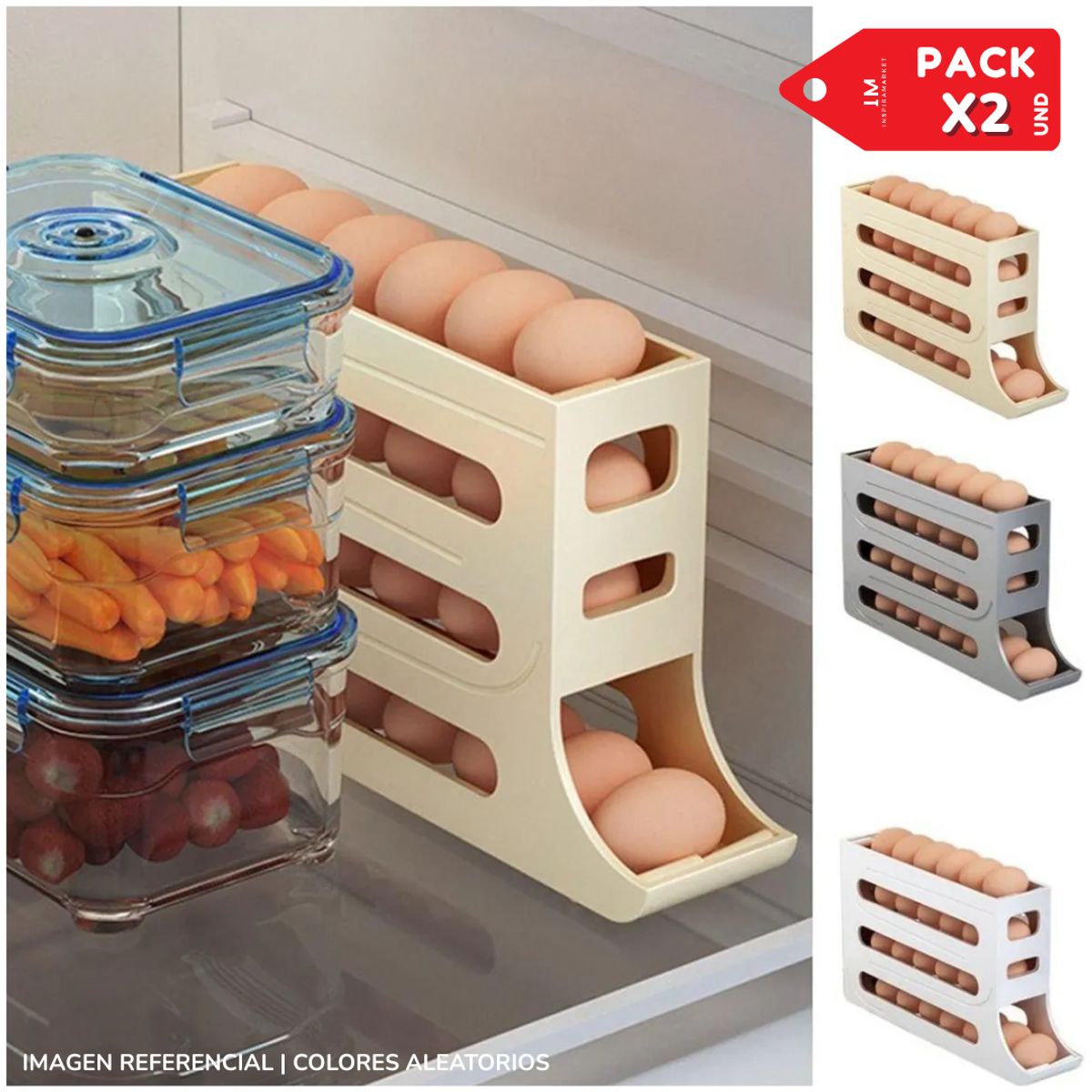 INSPIRA MARKET - Contenedor Organizador Deslizante de Huevos  Pack x2 Color Aleatorio