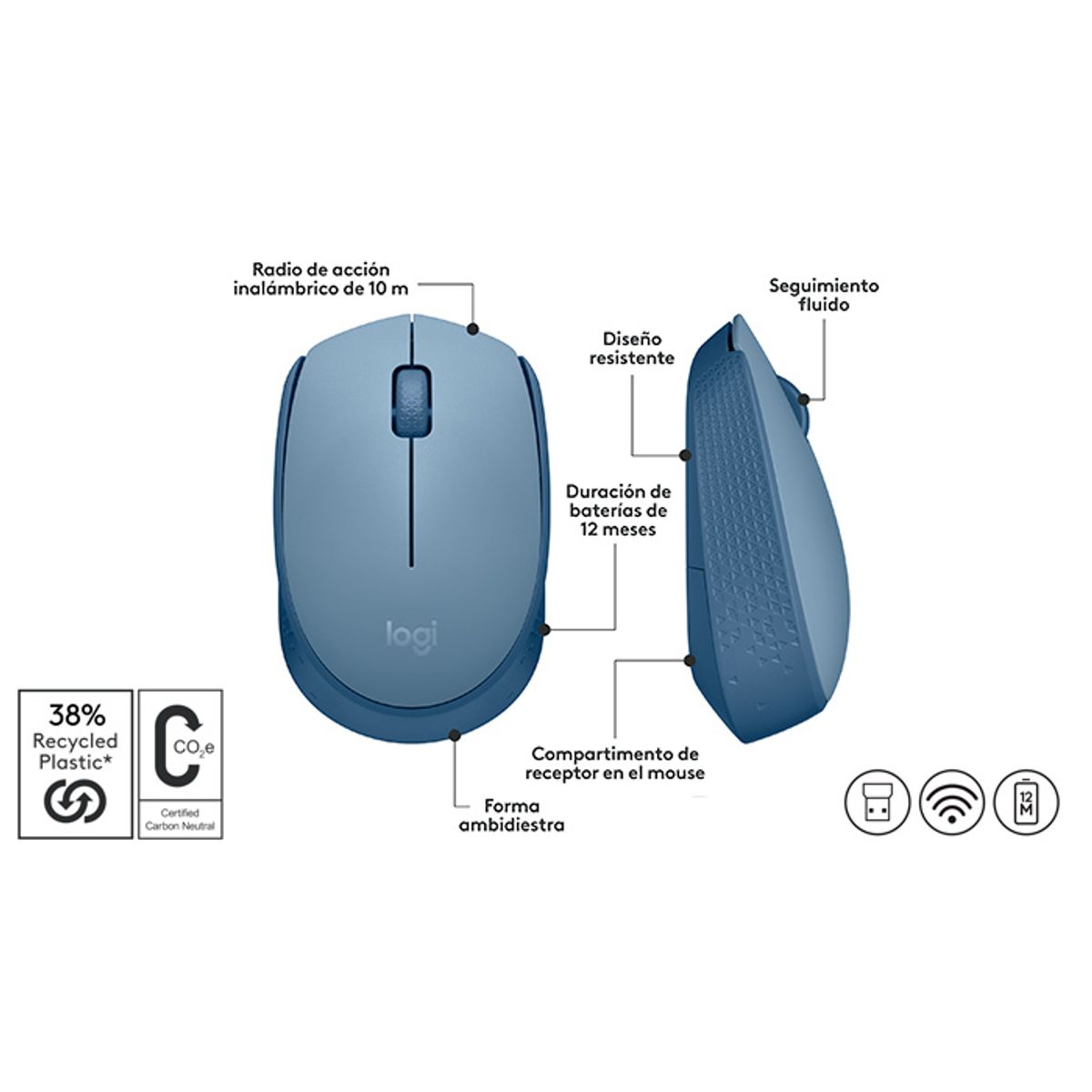 LOGITECH - MOUSE INALAMBRICO LOGITECH M170 GRIS AZULADO