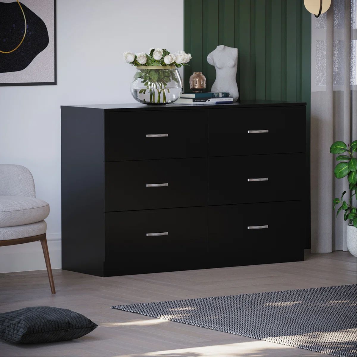 GENERICO - Comoda Melamina Negro Noa 1.20m 6 Cajones