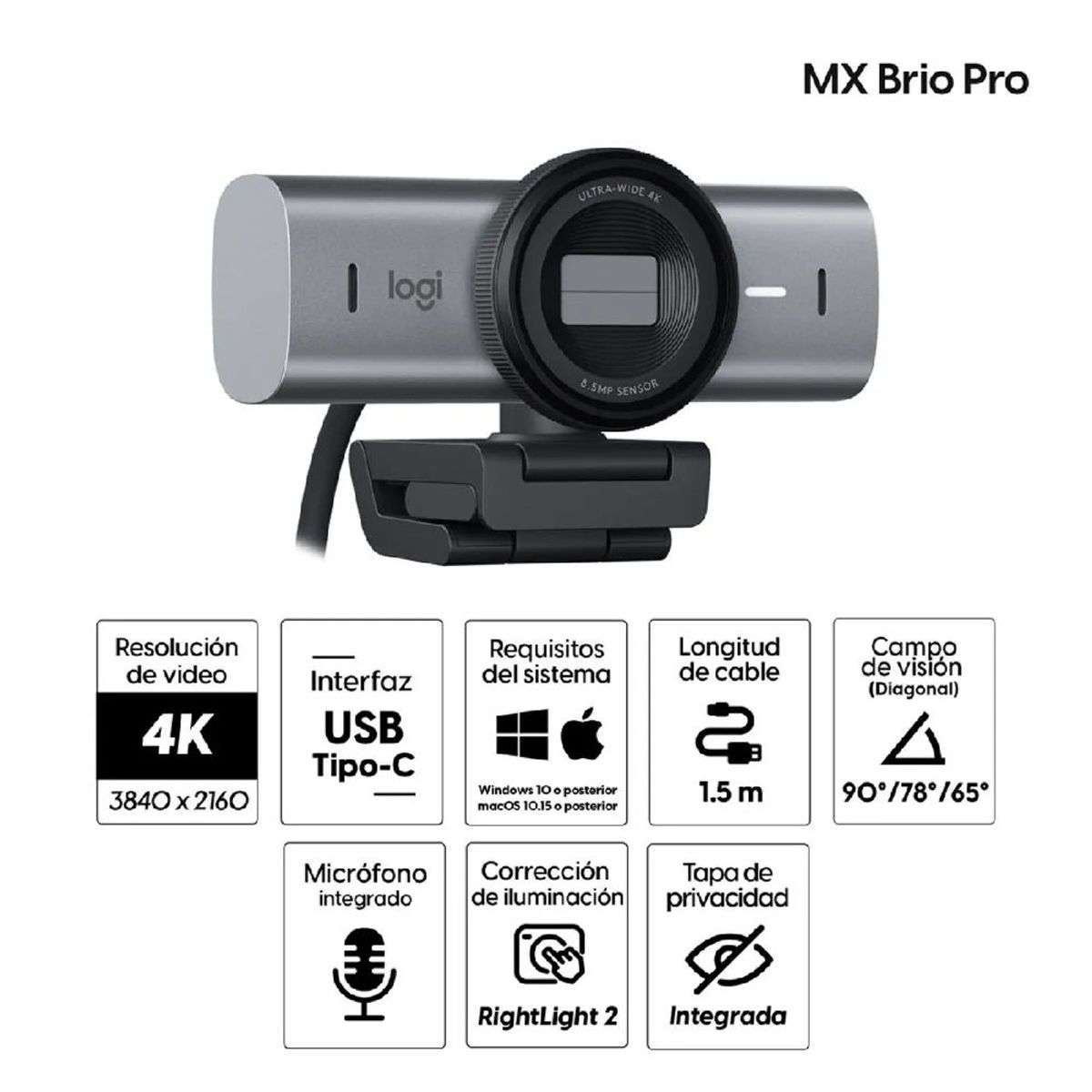 LOGITECH - Cámara web Logitech MX Brio Pro 700 Ultra HD 4K USB-C Black