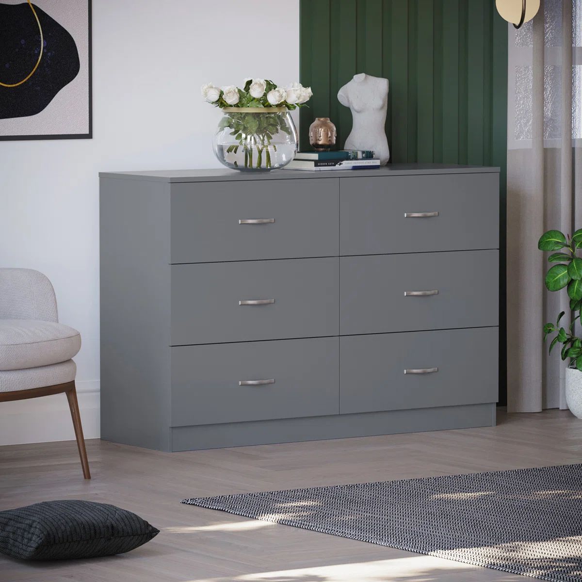 GENERICO - Comoda Melamina Gris NOA 1.20m 6 Cajones