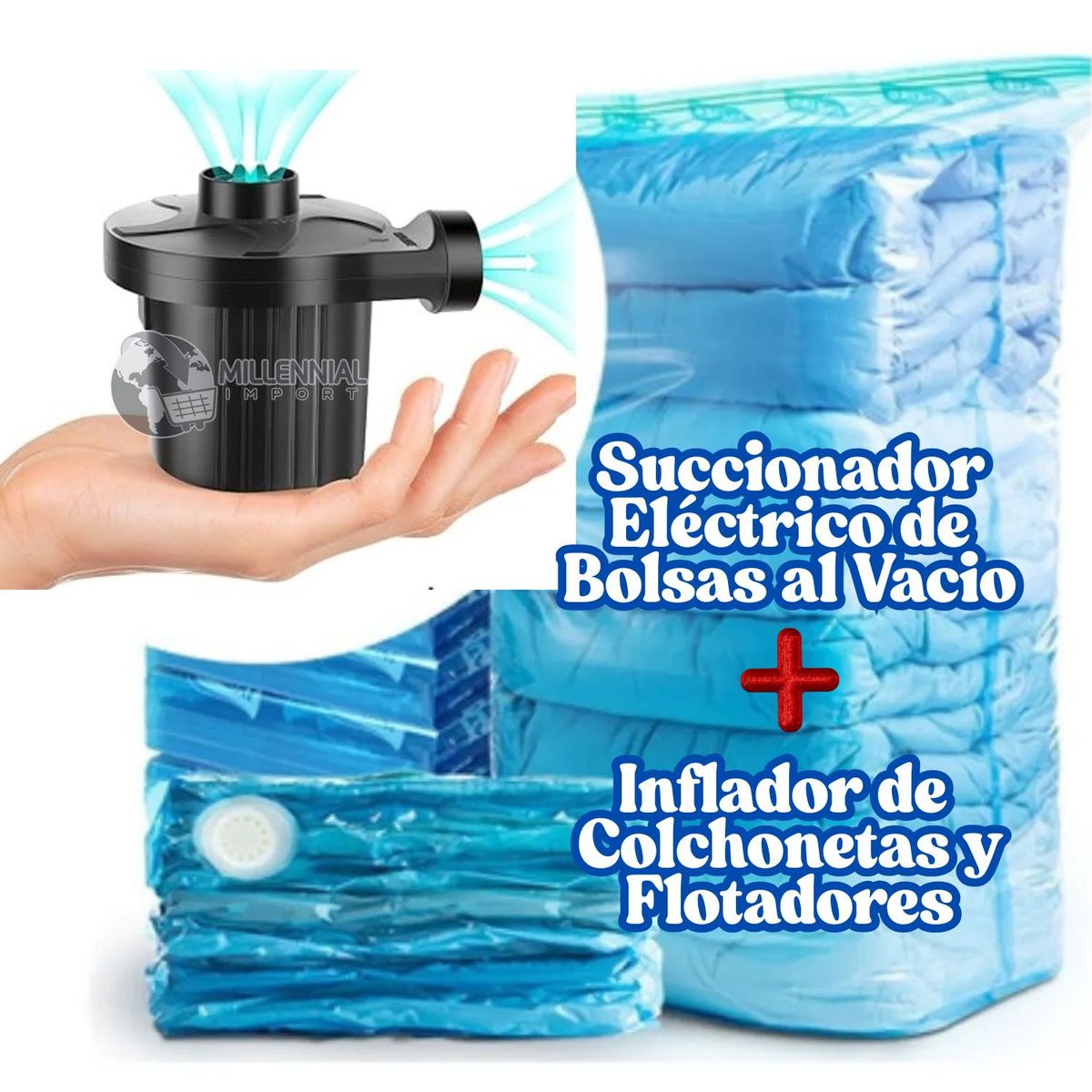 GENERICO - Mini Succionador al Vacío + Inflador Portátil Eléctrica - 2 en 1 Incluye 3 boquillas