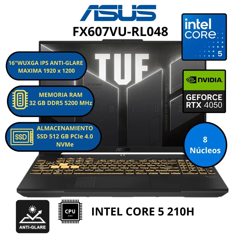 ASUS - Laptop  Asus TUF GAMING F16 FX607VU-RL048 INTEL CORE 5-RAM 32 GB SSD 512 GB RTX 4050 con 6GB