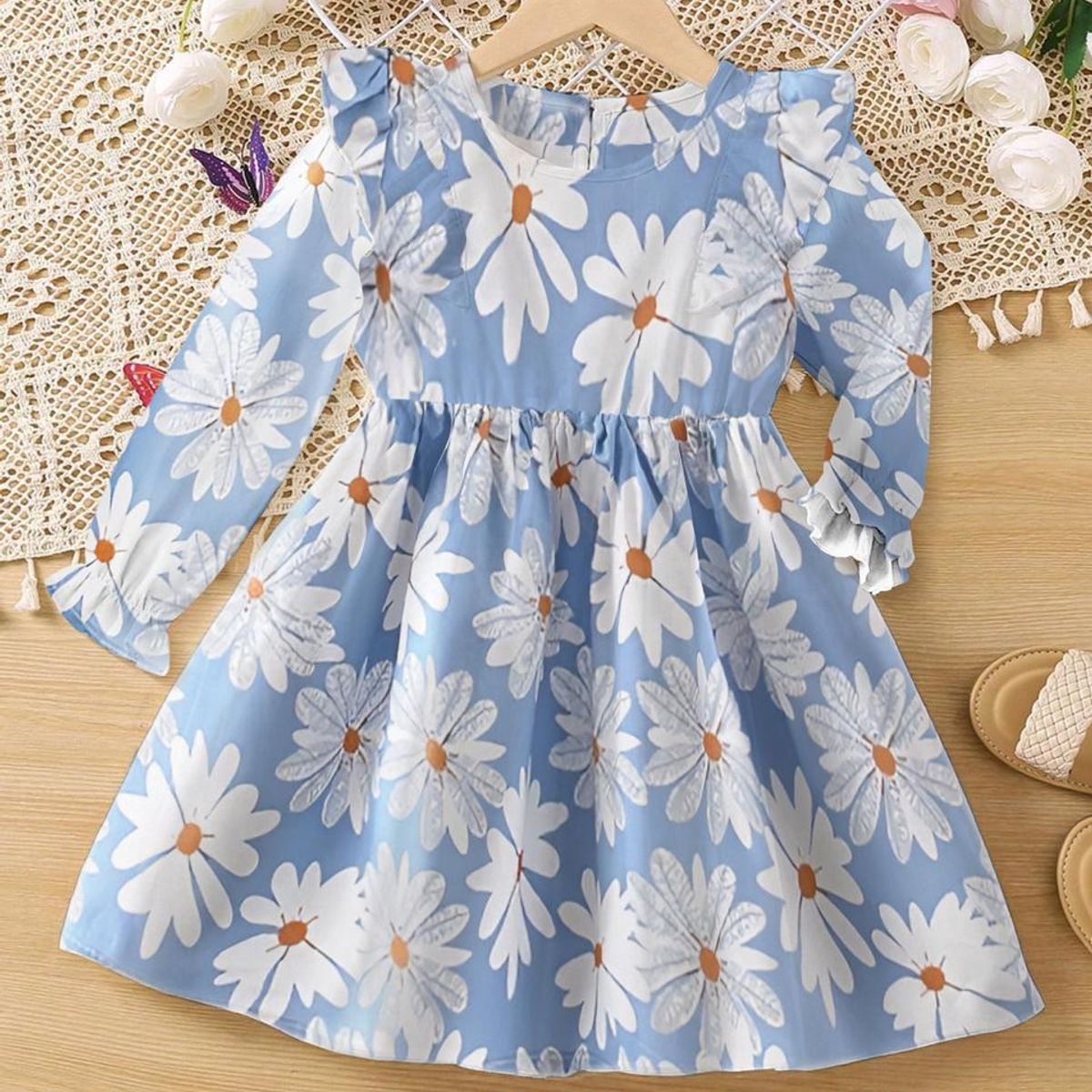 GENERICO - Vestido Margaritas Celeste con manga larga