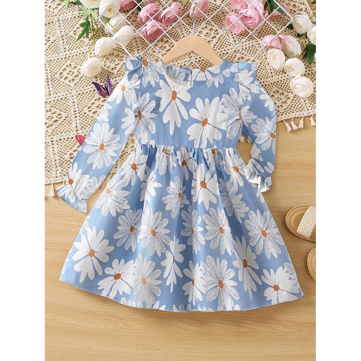 GENERICO - Vestido Margaritas Celeste con manga larga