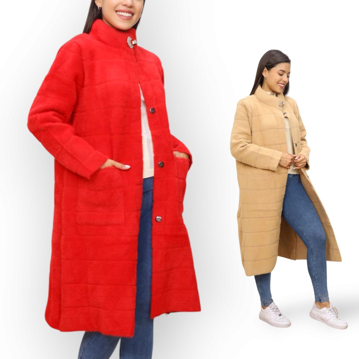 GENERICO - Abrigo Mujer Cuadros Modernos Import Jul-75 Color Rojo