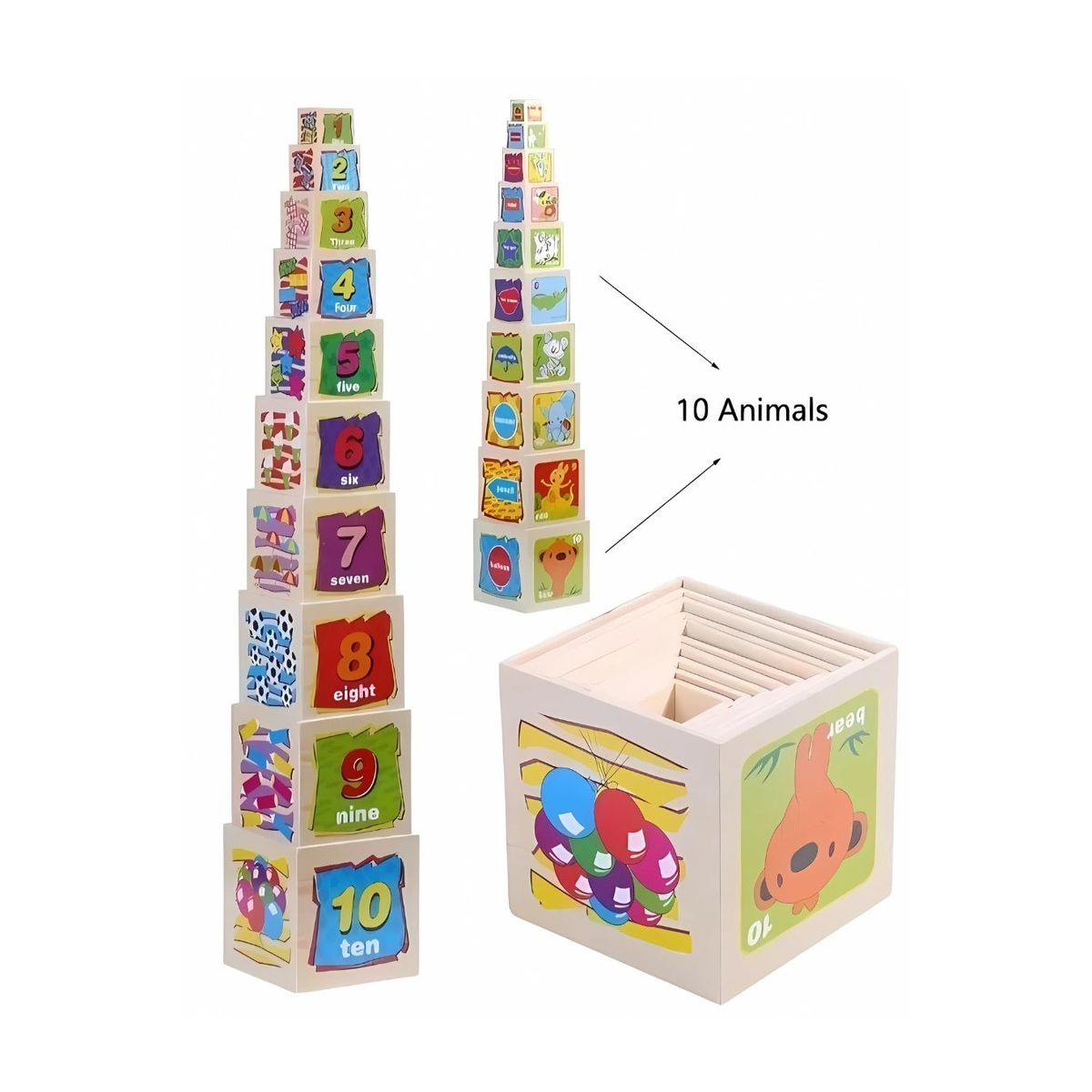 GENERICO - Set Cubos Didácticos Apilables del 1 al 10 con Animales