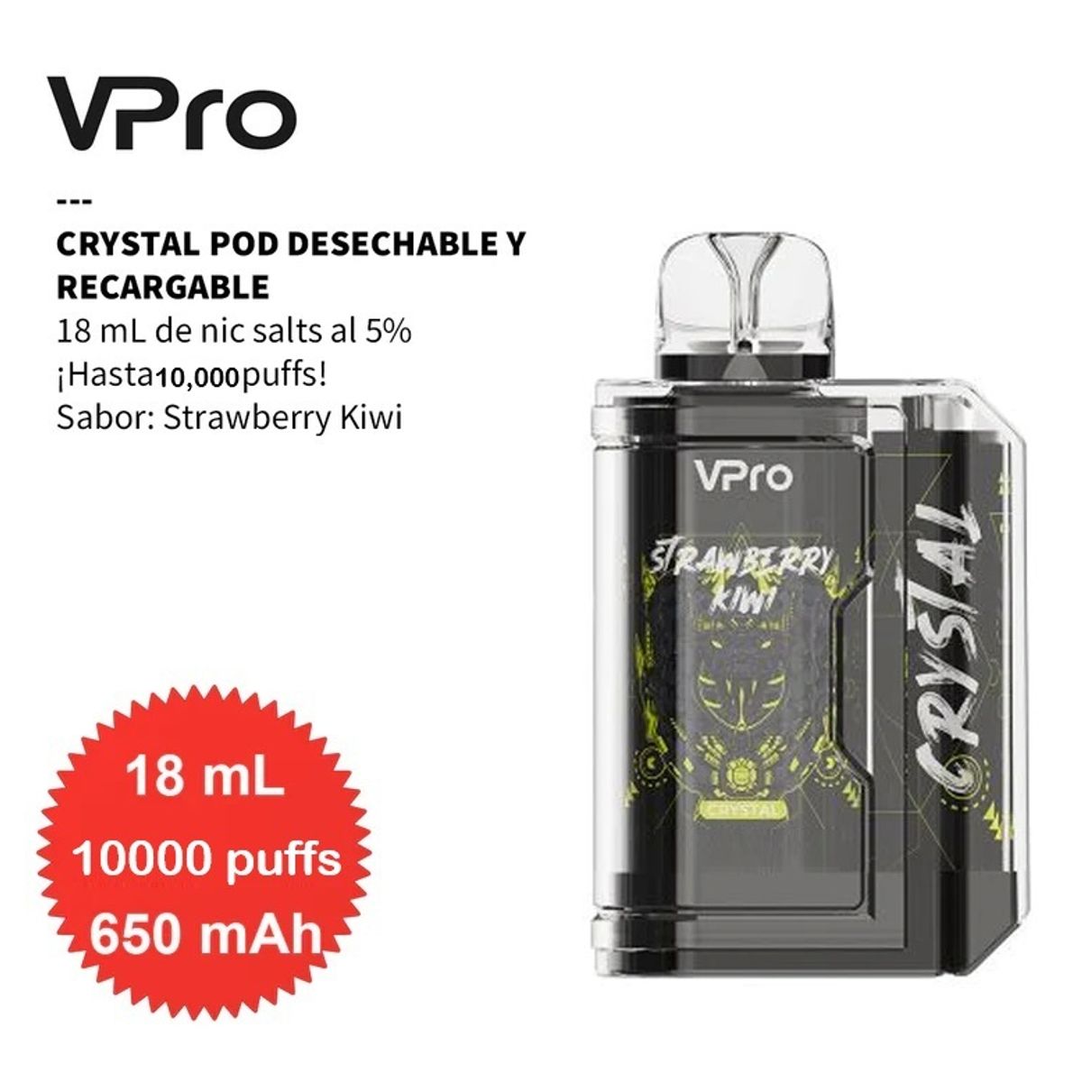GENERICO - VPRO CRYSTAL, 10000 Puffs, Desechable 5% - Strawberry Kiwi