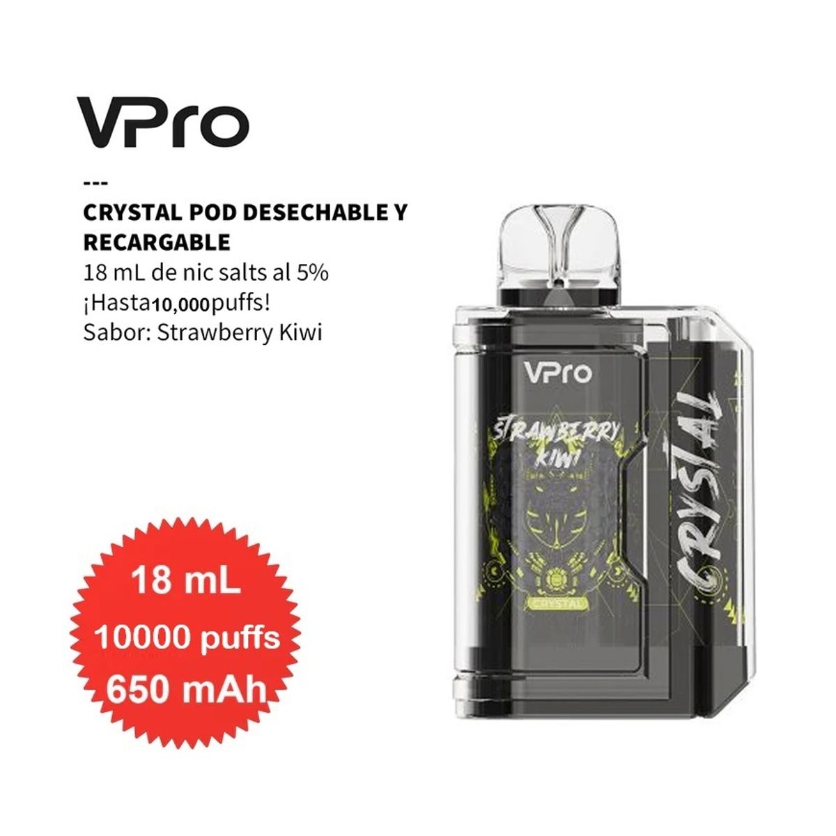 GENERICO - VPRO CRYSTAL, 10000 Puffs, Desechable 5% - Strawberry Kiwi
