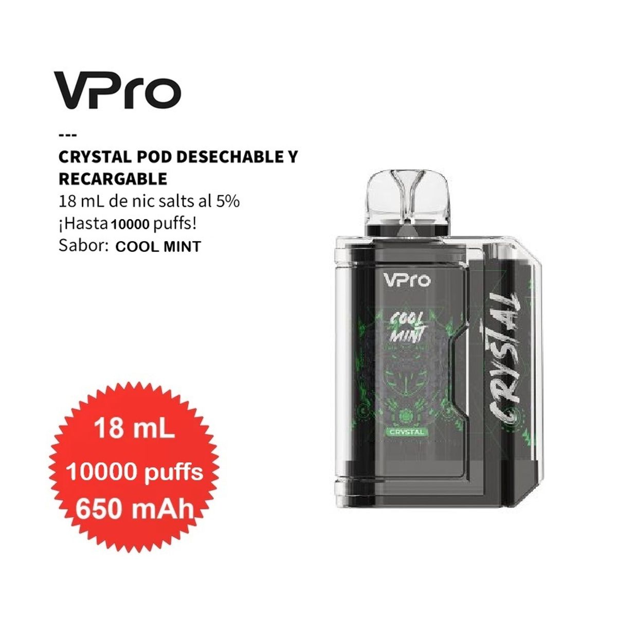 GENERICO - VPRO CRYSTAL, 10,000 Puffs, Desechable 5% - Cool Mint