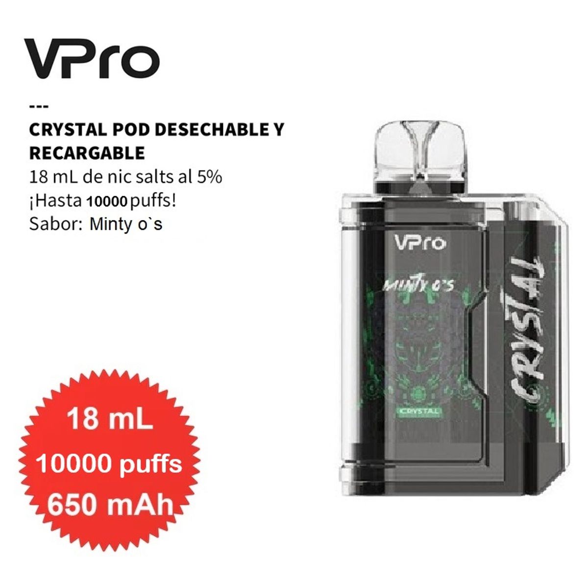 GENERICO - VPRO CRYSTAL, 10,000 Puffs, Desechable 5% - Minty O`s