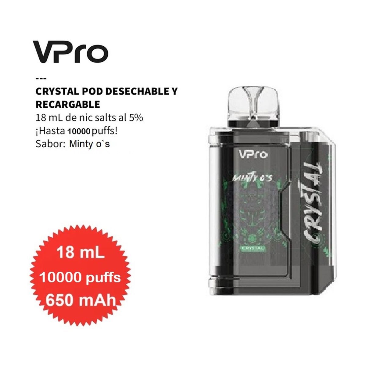 GENERICO - VPRO CRYSTAL, 10,000 Puffs, Desechable 5% - Minty O`s