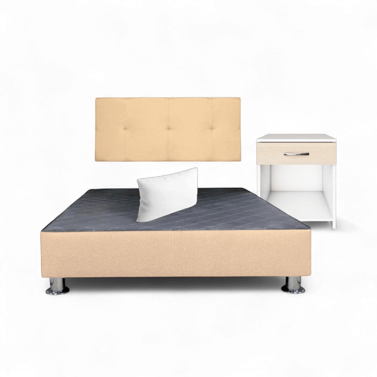 MUEBLES MACRUMO - Combo cama brisa tela antifluido Queen color Beige + velador ted + almohada