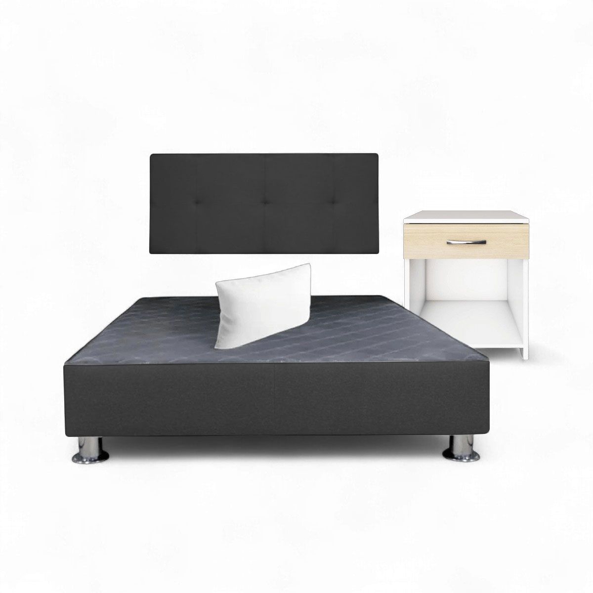 MUEBLES MACRUMO - Combo cama brisa tela antifluido Queen color Negro + velador ted + almohada