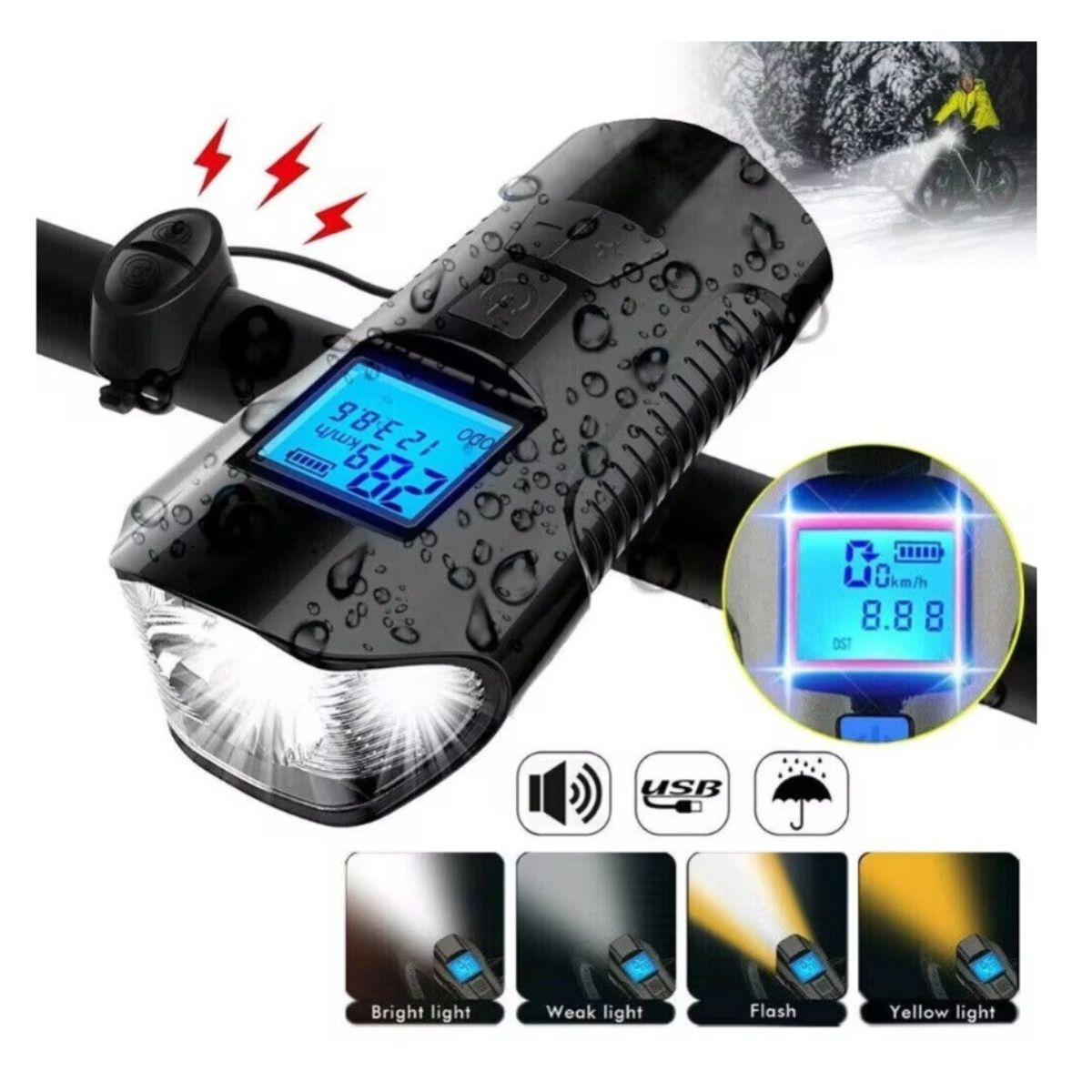 GENERICO - PACK LUZ CON VELOCIMETRO 4 EN 1 PARA BICICLETA + LUZ  TRASERA