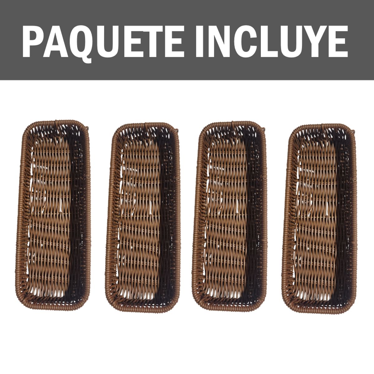 GENERICO - Pack x4 Cesta Porta cubiertos Rectangular de plástico tipo mimbre