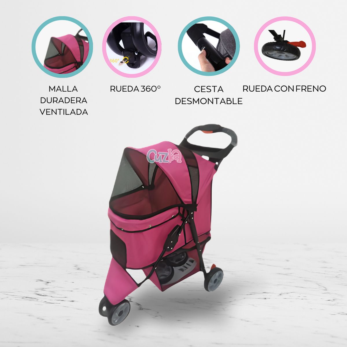 CUZKA - Coche para mascota 3 ruedas «UYWA» Pink