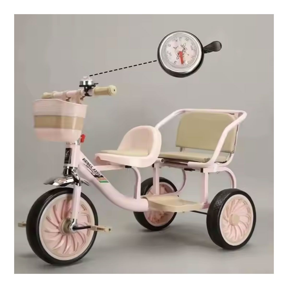 GENERICO - Triciclo Doble Asiento Vintage Con Canastilla Timbre Infantil Rosado