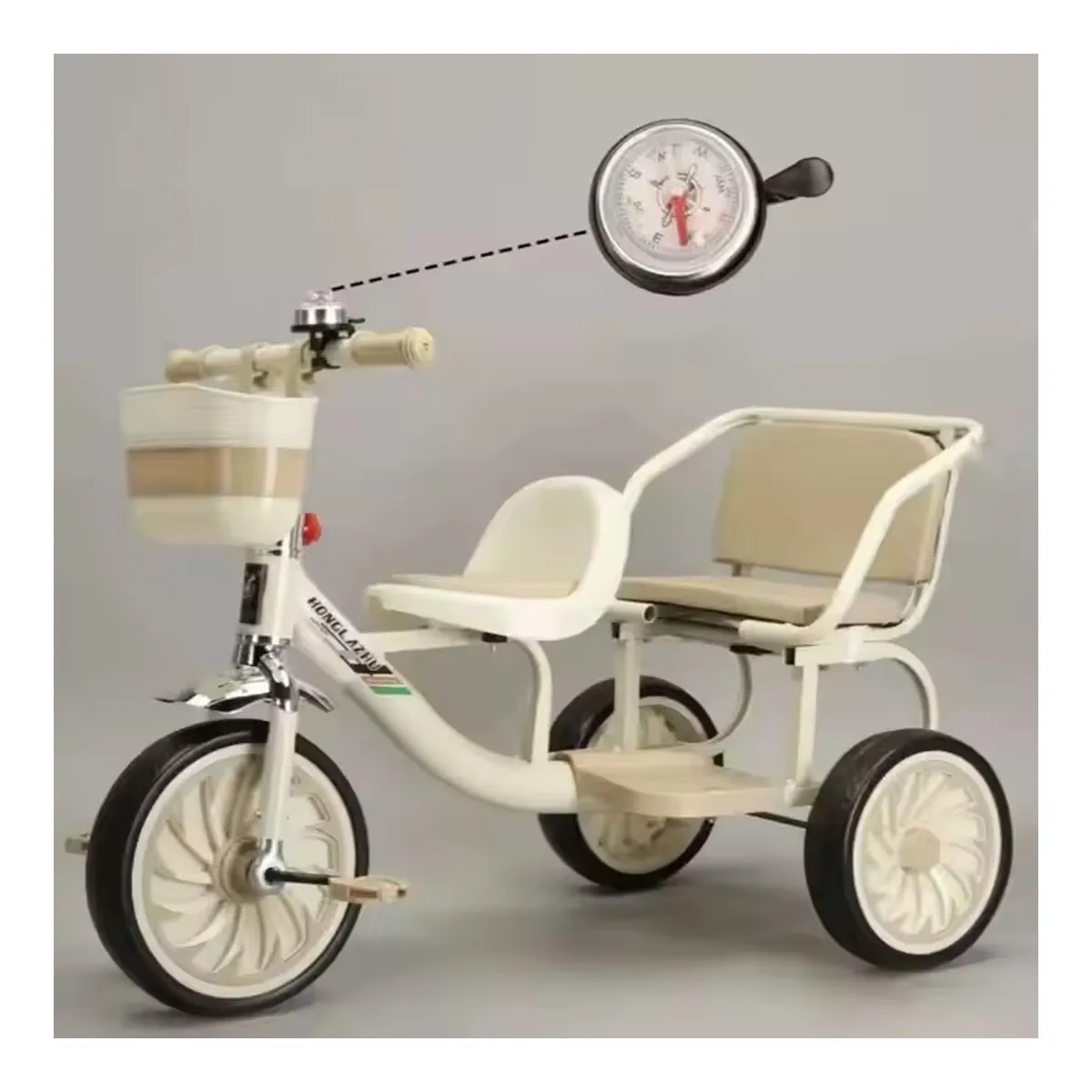 GENERICO - Triciclo Doble Asiento Vintage Con Canastilla Timbre Infantil Crema