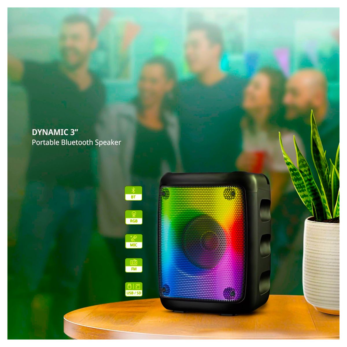 EVERSOUND - Parlante Portatil RGB Con micrófono Equalizer 3 Radio FM Bluetooth