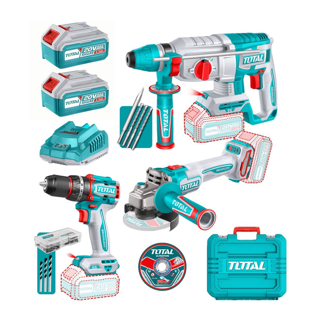 TOTAL TOOLS - Mega Combo Industrial Taladro + Amoladora + Rotomartillo Total