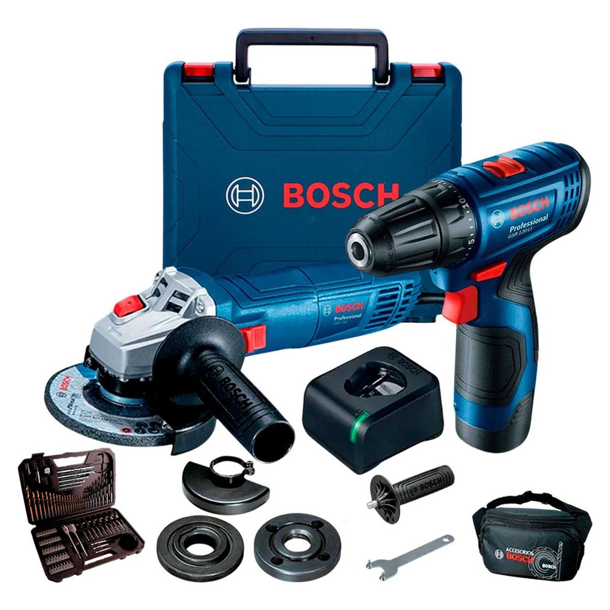 BOSCH - Taladro Atornillador Gsr120+Esmeril gws700+Set103+canguro