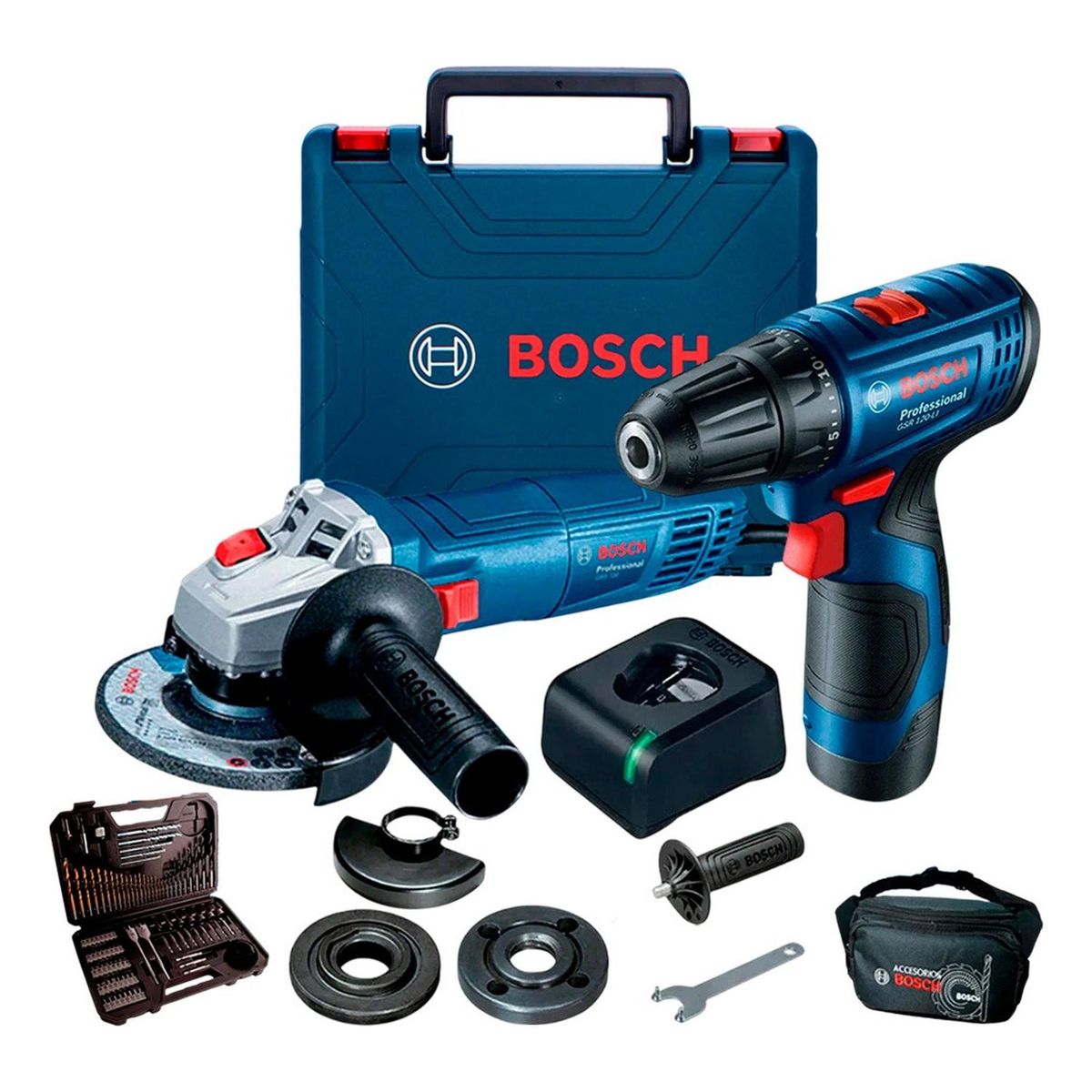 BOSCH - Taladro Atornillador Gsr120+Esmeril gws700+Set103+canguro