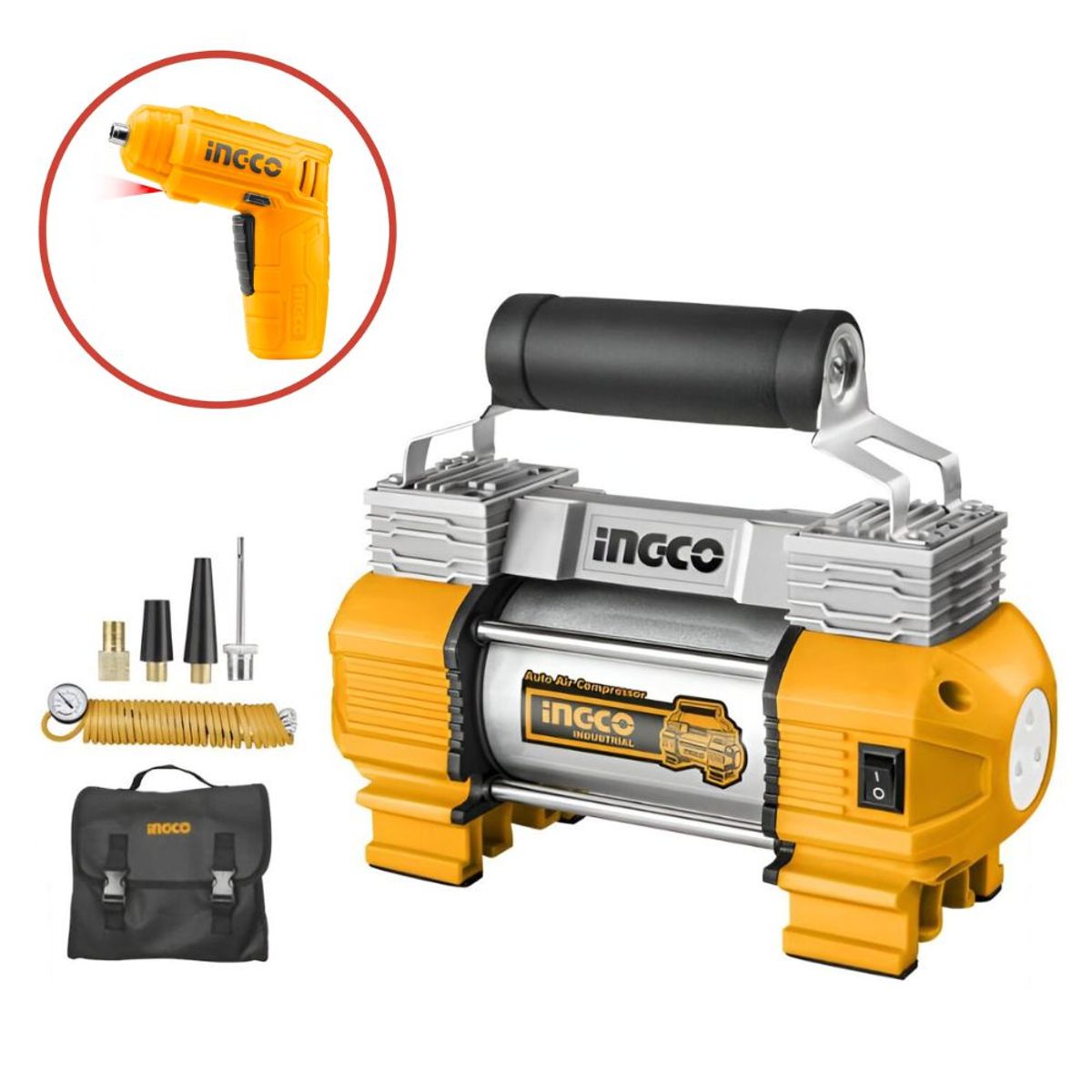 INGCO TOOLS - Compresor de aire 12V + Atornillador Inal 4V CSDLI0402 Ingco