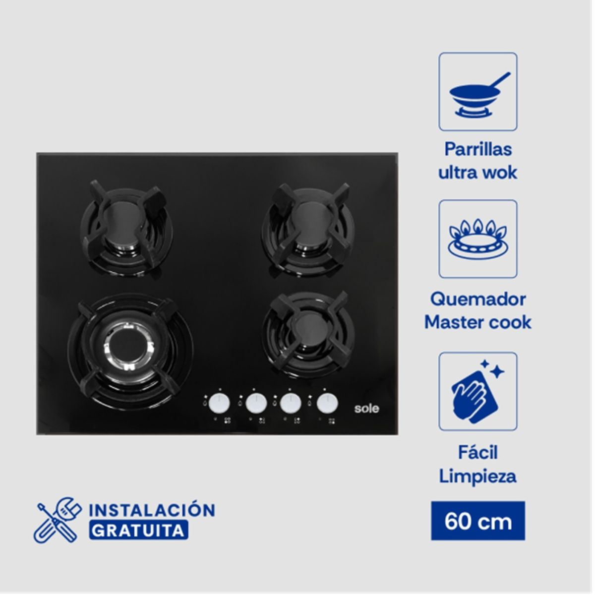 SOLE - Encimera Vidrio Templado Sole A Gas 60cm SOLCO034